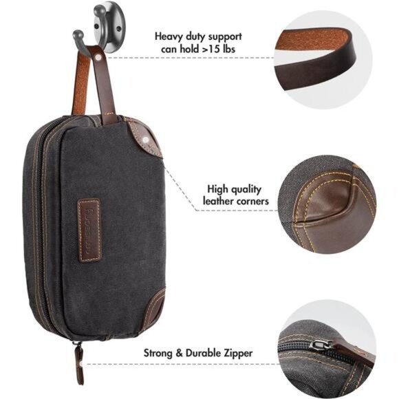 Men's Toiletry Bag, Leather and Canvas Travel Toiletry Bag, Dopp Kit for Men - Picture 2 of 6